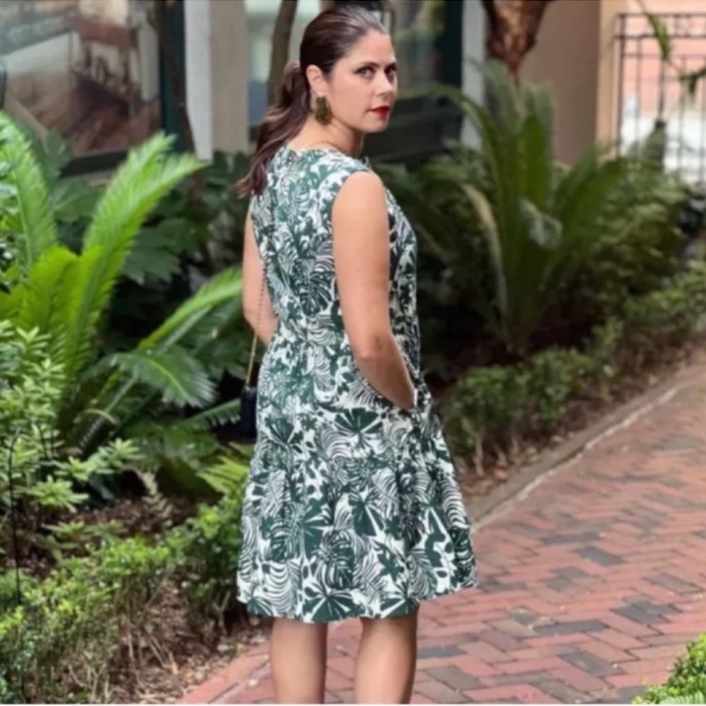 SUNDRY For Evereve The Everyday Dress Tiered Tropical Palm Leaf Green White Sz 2 - Picture 4 of 11